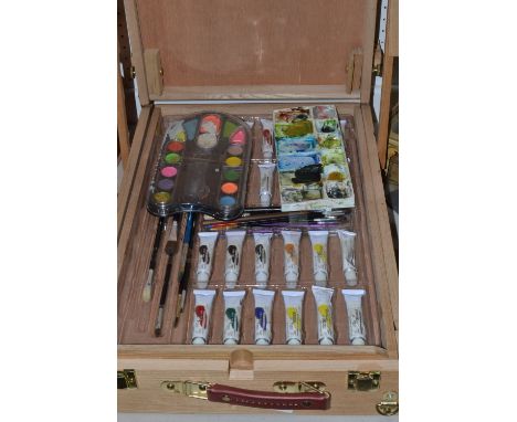 A modern artists easel and paint box, quantity of oil and acrylic paints used and unused