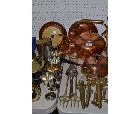 Metalware -  copper kettle, brass toasting forks, brass taps, pewter tankard, a miniature brass tilt top table, barometer, ca