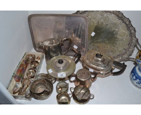 Plated Ware - a Victorian silver plated  two-handled gallery tray, engraved, c.1880;  a three-piece tea service;  napkin ring