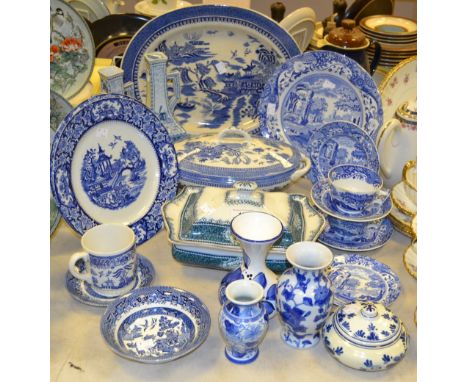 Blue and White Ceramics - a Spode Italian pattern plate, Churchill Old Willow, Copeland Spode cups and saucers, side plate, C