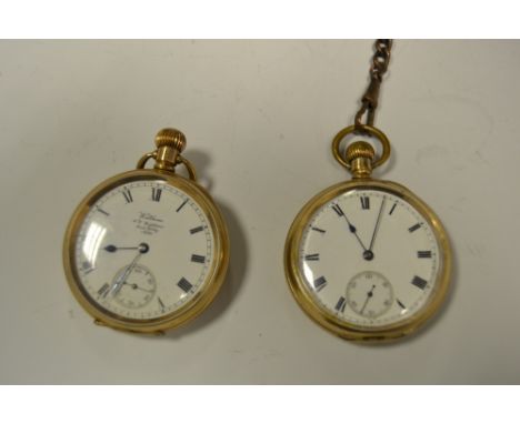 Watches - a gold plated Dennison moon open face pocket watch, cream dial, Roman numerals, subsidiary seconds, button wind mov