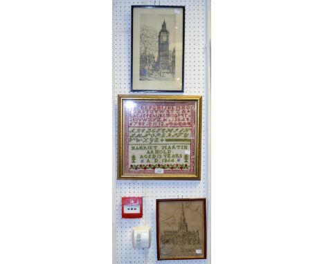 A Victorian needlework sampler, worked by Harriet Martin of Arnold , Notts ,aged 10, 1864; Rotherham Parish church 1951; etc 