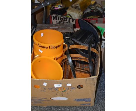 Household  - Veuve Clicquot ice buckets, garden trugs, oak mantel clock, oak money box, Olympus trip camera; etc (one box )