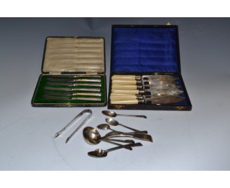 Silver - assorted teaspoons, sauce ladle, sugar nips, various dates 5.33oz, a cased set of tea knives, marks rubbed, silver p