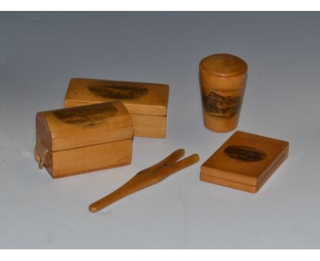 Mauchline Ware - a miniature travelling trunk, Rhyl From the Sea; a tumbler box and glass tumbler, Shakespeare's House, Strat