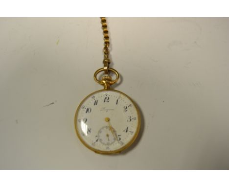 A Longines 14ct gold open face pocket watch, white dial, Arabic numerals, subsidiary seconds, outer minute track, button wind