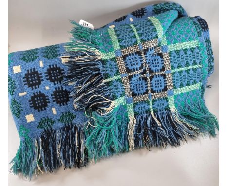 Blue ground vintage Welsh woollen tapestry blanket with fringed edge and traditional Caernarfon design. (B.P. 21% + VAT)  Som