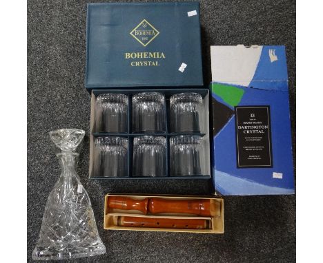 Box of mostly glassware to include: a cut glass Irena lead crystal decanter with star cut base, handmade Dartington crystal b