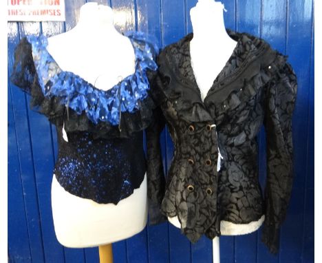 Collection of vintage ladies evening/stage tops and accessories to include; a flocked rose pattern black blouse, a gold colou