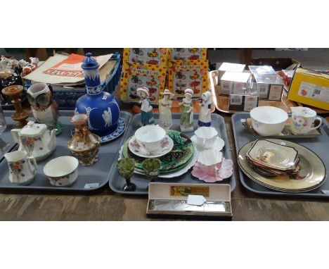 Three trays of china to include: Jasperware lidded bottle vase and plate, Crown Devon Fieldings miniature teapot, milk jug an