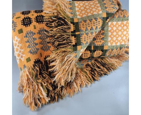 Orange ground vintage woollen Welsh tapestry traditional Caernarfon design blanket with fringed edge. (B.P. 21% + VAT)  Minor