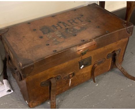 Early 20th century leather travelling trunk marked 'D Hart' with brass presentation plaque to the interior. (B.P. 21% + VAT) 