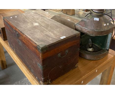 Vintage copper and brass ship's lantern together with a collection of boxes to include: two table top clerk's desks, oak cutl