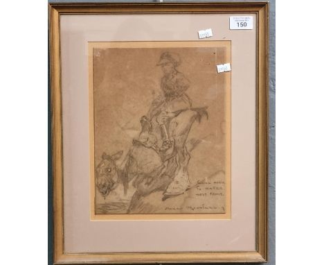 Margaret Rowntree, 'Taking Horse to Water, West Front', probably an Italian WWI study, pencil sketch. 27x22cm approx. Framed 