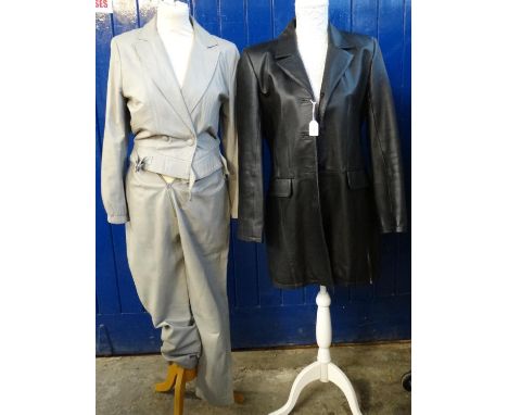 Collection of ladies vintage 80's leather items to include: a ruffle waisted suit, black Skin tones short coat, a brown diama