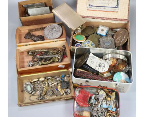 Box of oddments to include: brass bottle opener in the form of a nude lady, propelling pencil, costume jewellery: brooches, c