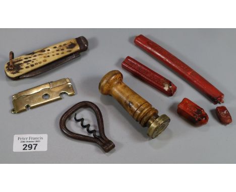 Collection of oddments to include: seal, Edwardian corkscrew, bone pocket knife, brass jigger etc. (B.P. 21% + VAT)  Photo of