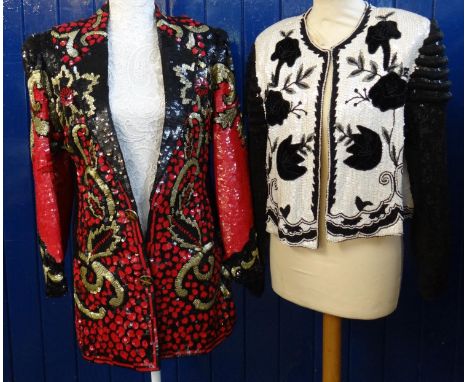 Two vintage sequin 1980's floral design evening jackets; one cream and black Frank Usher pure silk and a silk red, black and 