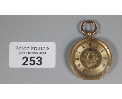 19th century 18ct gold outer cased fancy key wind open faced fob watch with engine turned and foliate engraved decoration.  2