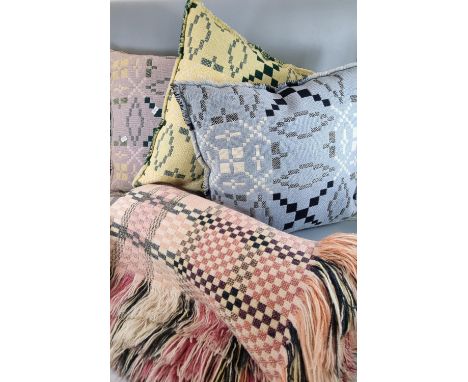 Vintage single check design woollen Welsh tapestry blanket with fringed edge, together with three woollen Welsh tapestry cush