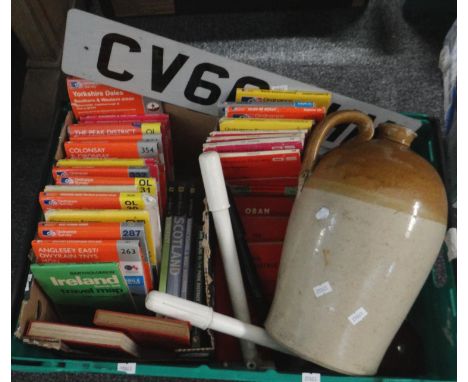 Box containing a collection of maps, mostly Ordnance Survey, bicycle pumps, a two tone stoneware jug, vehicle lights, vehicle