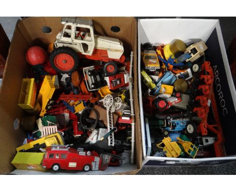 Two boxes of playworn diecast and other model vehicles to include: Dinky Toys ERF Fire Tender, vintage tractor, other agricul