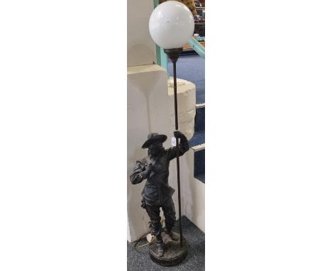 Large spelter Cavalier standard lamp with globular opaline glass shade.  142cm high approx.  Signed to the base. (B.P. 21% + 