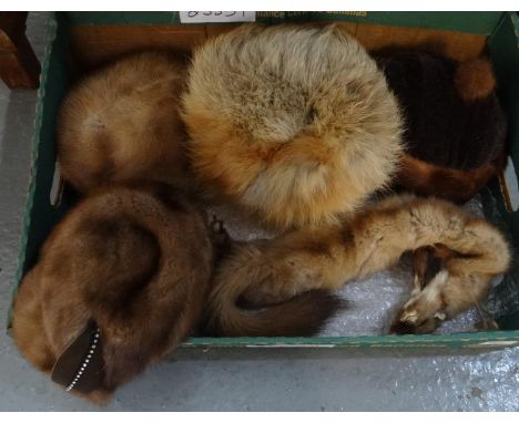 Box of vintage fur items to include: Mitzi Lorenz and Dolores mink fur hats, fox fur hat, velvet fur trimmed hat and a fur ti