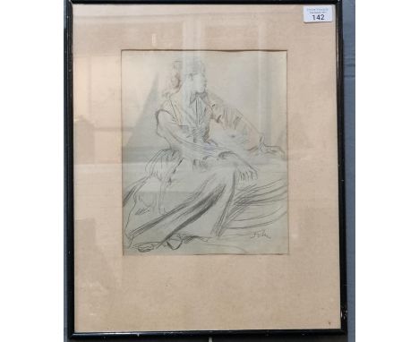 After Augustus John, portrait of a woman, monochrome print.  27x22cm approx.  Framed and glazed.  (B.P. 21% + VAT) 