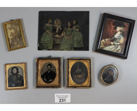 Plastic tub comprising framed ambrotypes together with a framed portrait print and a family portrait on glass etc.   (B.P. 21