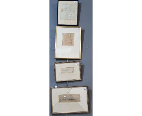 Framed letter from the foreign Office dated 1824, a sepia portrait of an Italianate sculpture, and two watercolour landscapes