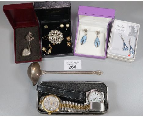 Bag of assorted items to include: silver ladle 1.23 troy oz approx.  together with some modern earrings, costume brooch and t