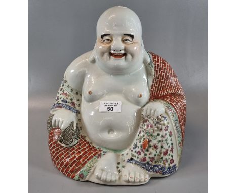 Chinese slip cast Porcelain Famille Rose seated laughing Buddha. Impressed four character seal mark in a double square to the