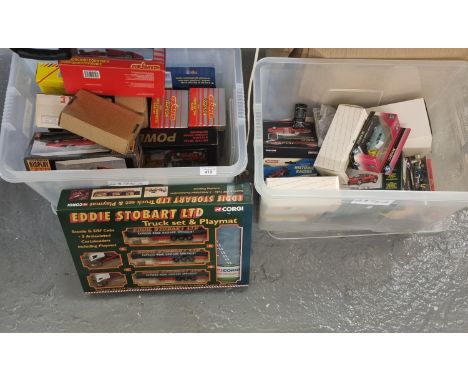 Two plastic boxes of assorted diecast model vehicles to include: Corgi Eddy Stobart truck set and playmat, 1:24 scale Majoret