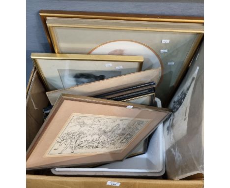 Box of assorted furnishing pictures to include: marine studies, stable scenes, watercolours including Margaret Rowntree, port