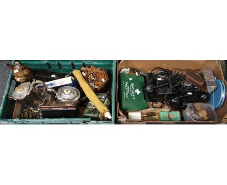 Two boxes of assorted items to include: two vintage rotary telephones, German wooden cuckoo clock, first aid kit, gun cleanin