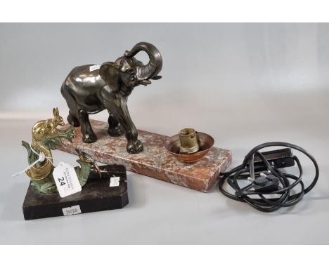 An Art Deco spelter animal figure group on marble base of a rabbit and pheasant on foliage, together with a similar Art Deco 