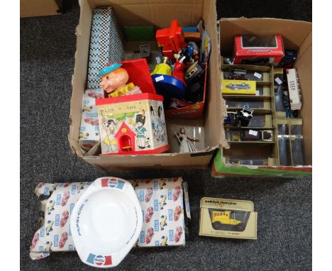 Two boxes of diecast model vehicles and other items to include: Matchbox Models of Yesteryear, reproduction Dinky Toys, 506 A