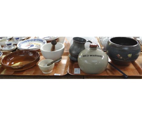 Two trays of assorted items to include: Jones Ironstone flan dish, two mortar and pestles (one Wedgwood), pewter tankard, sto