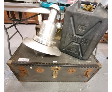 Steamer trunk, aluminium centre light fitting and a plastic water can.   (B.P. 21% + VAT) 