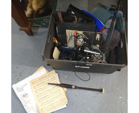 Box of mostly musical equipment and accessories to include; a violin body, recorder, music stands, music books and sheet musi