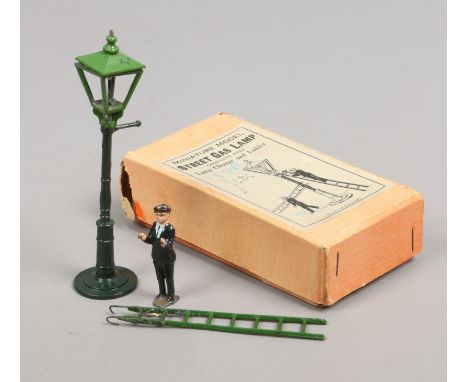 A vintage lead Johillco miniature model street gas lamp set with lamp cleaner and ladder in box.