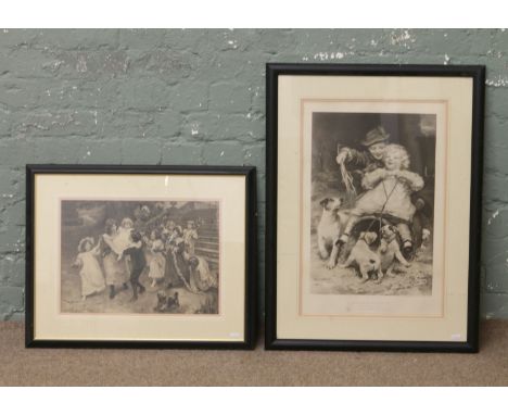 Two framed monochrome prints depicting children playing by Arthur J Elsley.