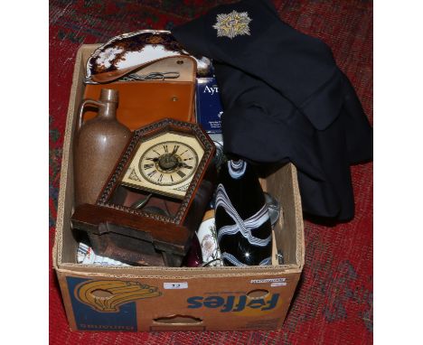 A box of miscellaneous to include Coalport, Aynsley, gingerbread alarm clock, art glass, stoneware flagon etc.