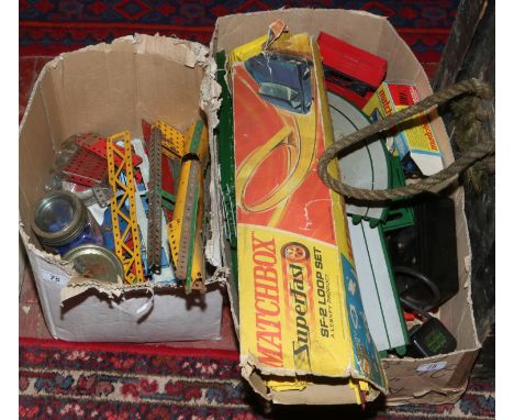 Two boxes of vintage childrens toys to include Meccano, Matchbox, Scalextric etc.