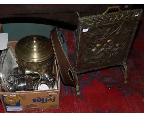 A box of mainly silver plate, brass coal box, brass fire screen and twin handled tray decorated with flowers.