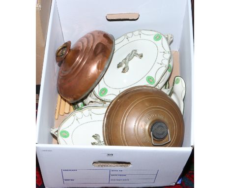 A box of miscellaneous to include Royal Doulton dinnerwares, copper bed warmers, cutlery etc.