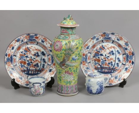 A collection of antique Chinese porcelain etc to include a pair of Imari plates, yellow ground baluster vase with cover etc.