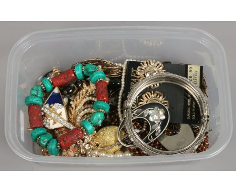 A box of costume jewellery including white metal bangle and simulated pearls etc.