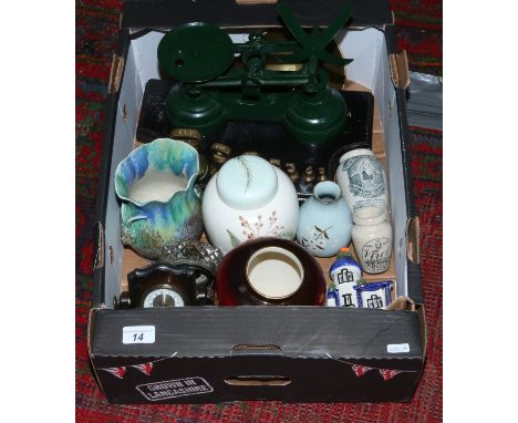 A box of miscellaneous to include scales and weights, pastille burner, clocks etc.